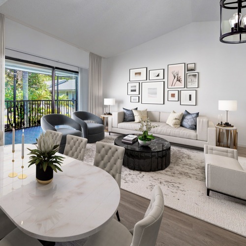 Living Room apartment with patio and open concept living room at Cielo Point apartments in Fort Lauderdale, FL